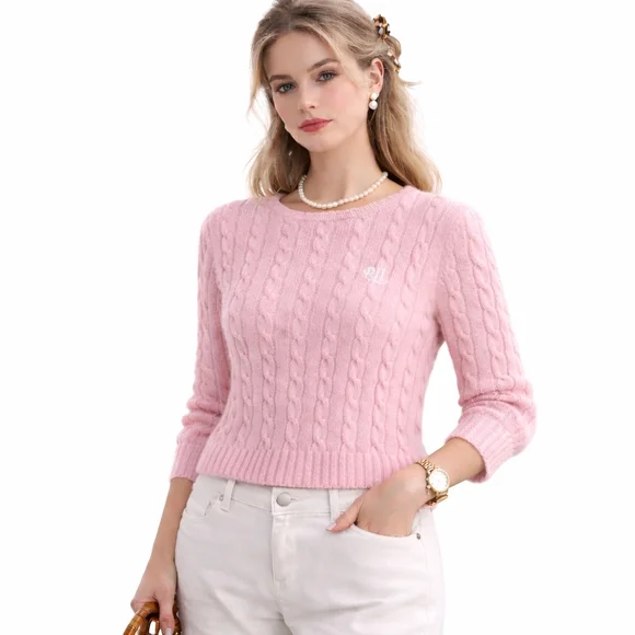 Lauren Ralph Lauren Petit Pink Cable Knit Sweater petit Small Academia Preppy - Picture 1 of 10